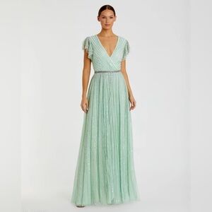NWT Mac Duggal Mint Green Sequined Wrap Over Ruffled Cap Sleeve Gown Size 16